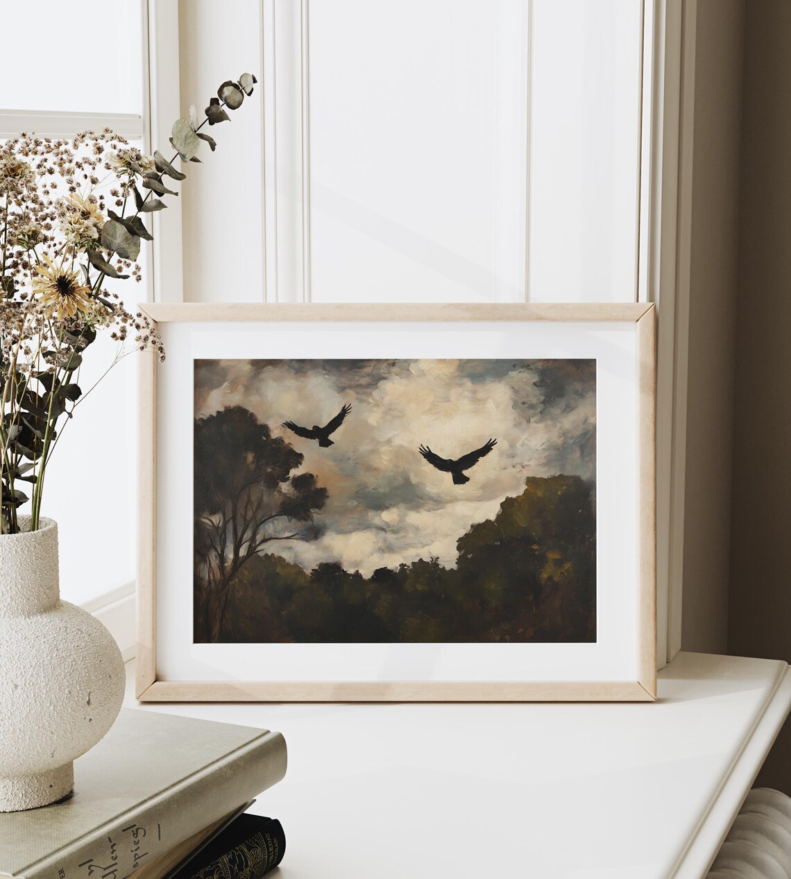 Hawks Circling Over Forest Clearing, Vintage Nature Print - Image 3