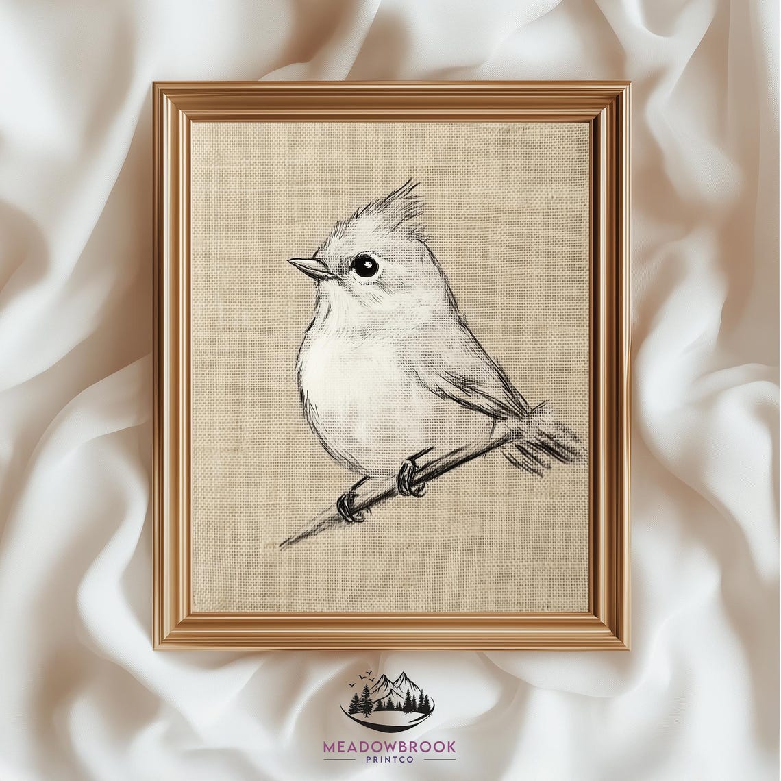 Tufted Titmouse Pencil Sketch On Branch Rustic Bird Art Print Poster