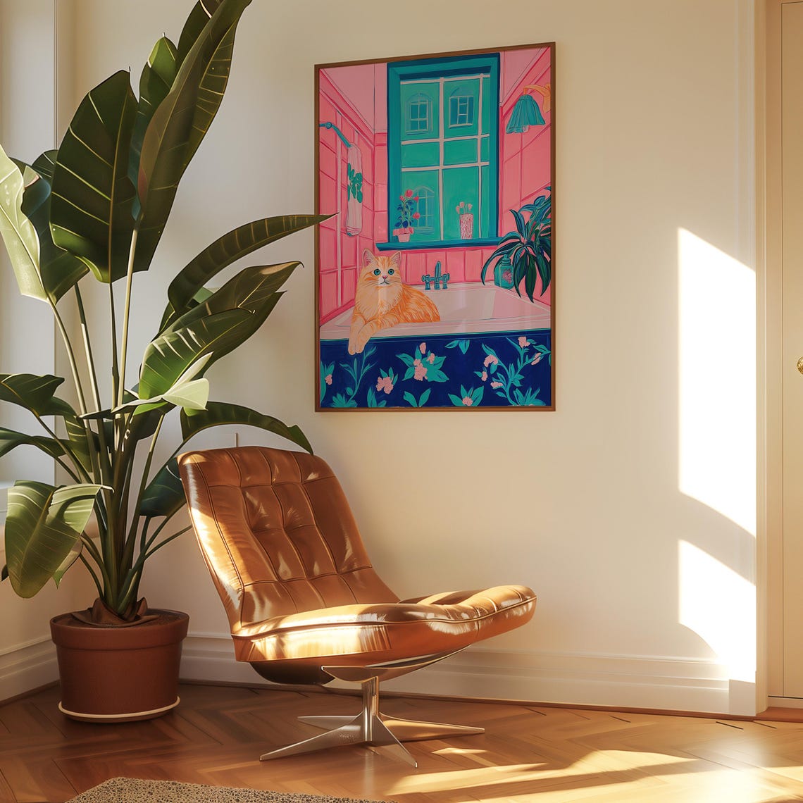 Orange Cat Lounging Across a Floral Bathroom Tub Cat Art Poster - Image 5
