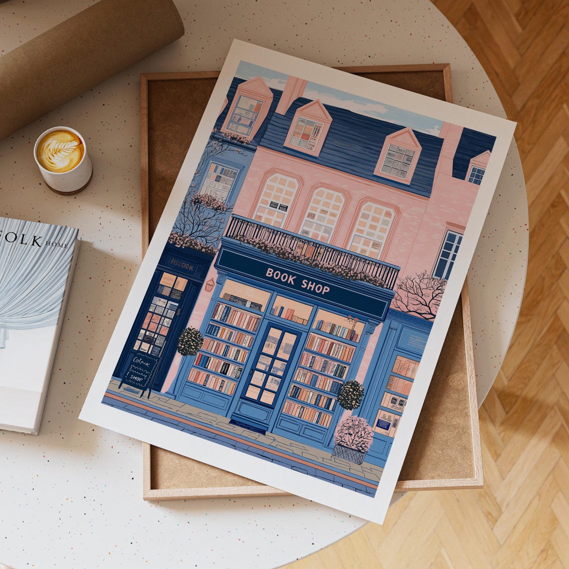 Navy Book Shop Storefront With Parisian Pink Building Above Poster - Image 2