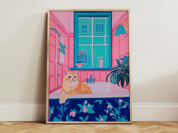 Orange Cat Lounging Across a Floral Bathroom Tub Cat Art Poster