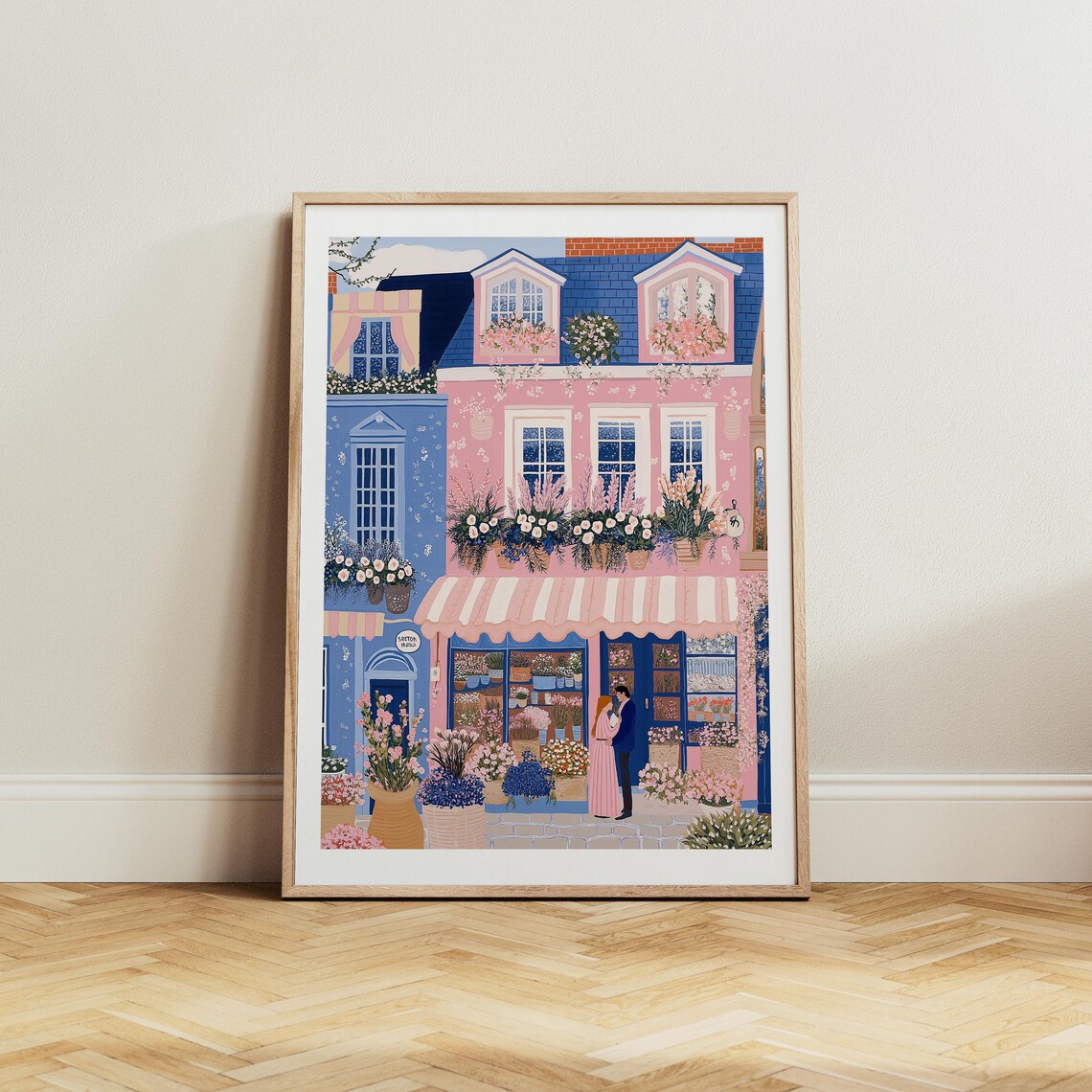 Pink Flower Shop Street Scene With A Couple At The Doorway Poster - Image 3