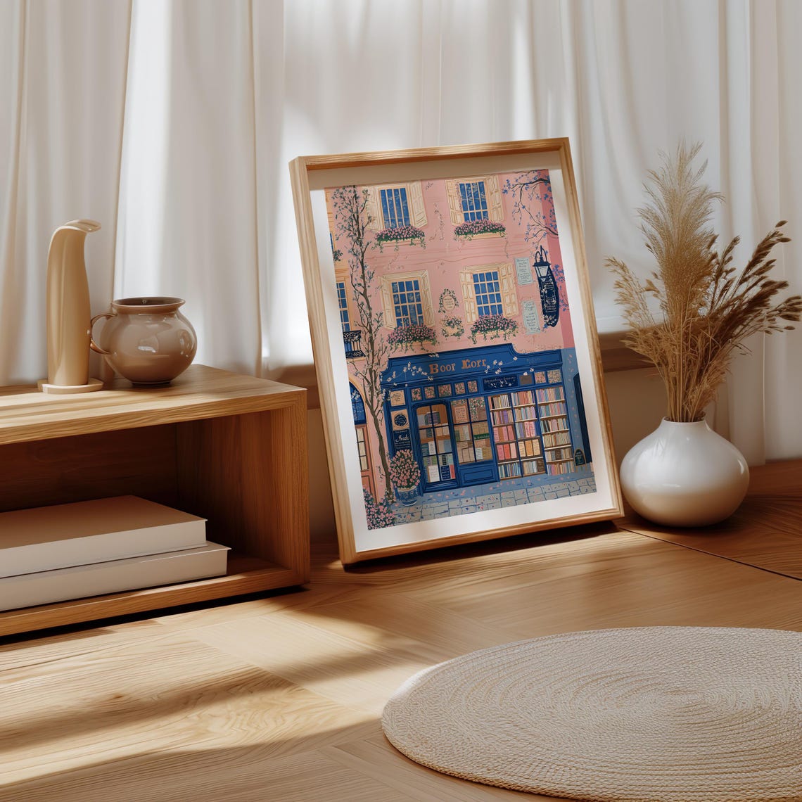 Old Bookshop Storefront With Blue Facade And Pink Building Poster - Image 4