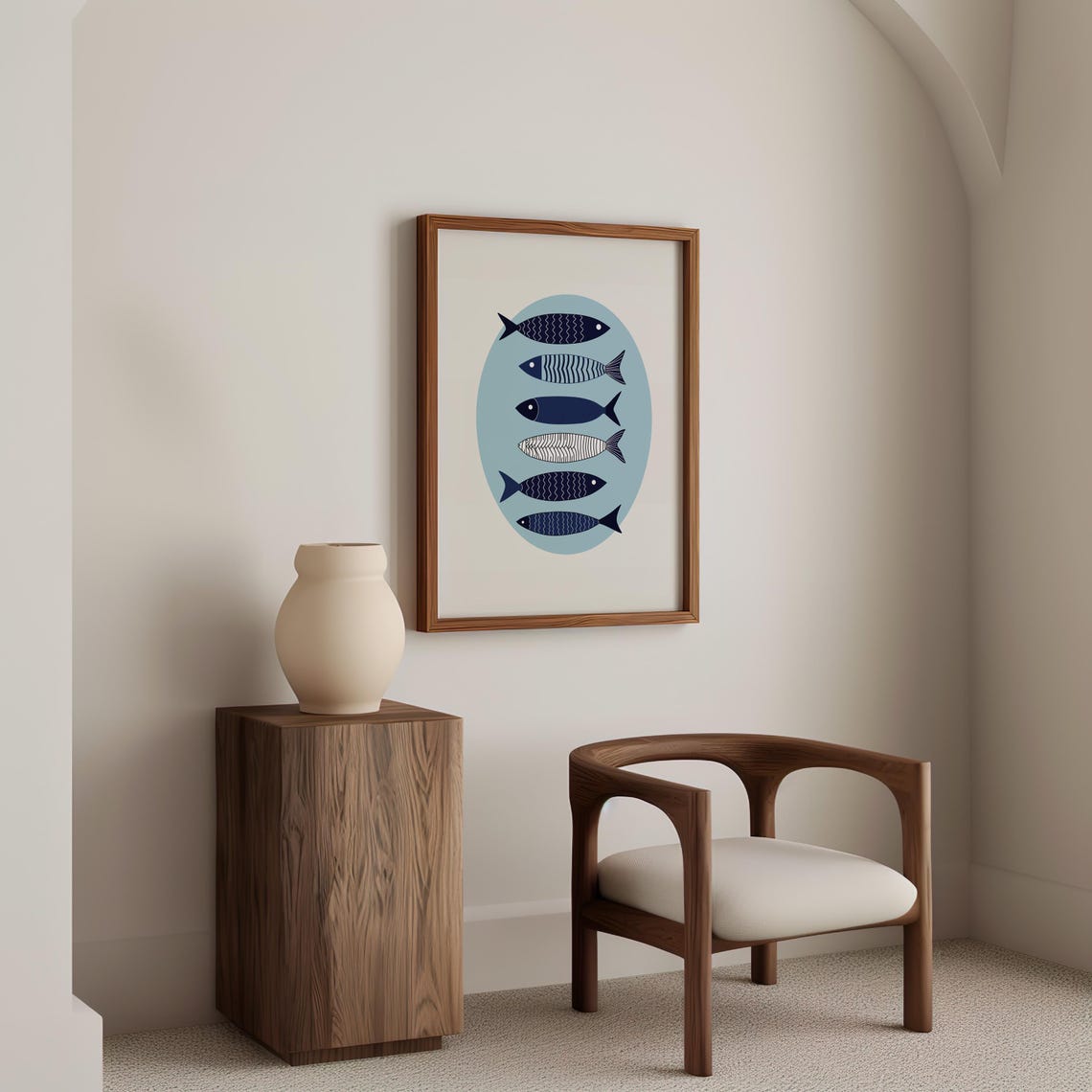 Six Navy Patterned Fish Arranged In A Blue Oval On White Poster - Image 4