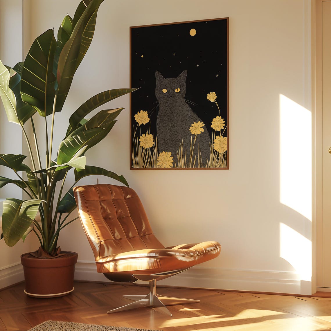 Black Cat Among Yellow Flowers Under A Moonlit Starry Night Poster - Image 6