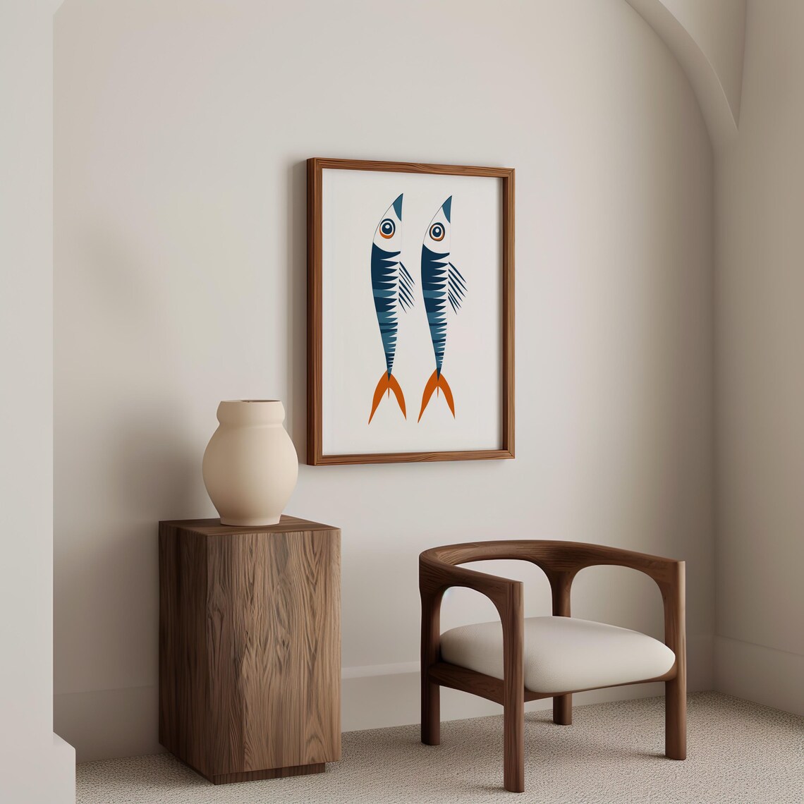 Two Geometric Sardines In Navy And Orange On White Art Poster - Image 5