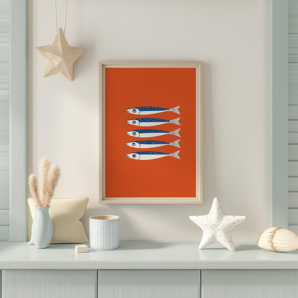 Five Blue And White Sardines In A Row On Orange Background Poster - Image 3