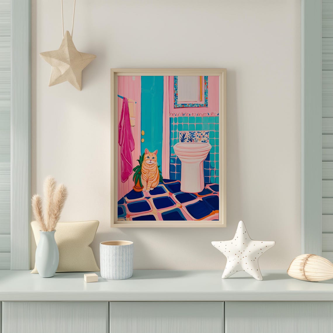Orange Tabby Cat Beside a Pink Sink in a Bold Bathroom Poster - Image 2