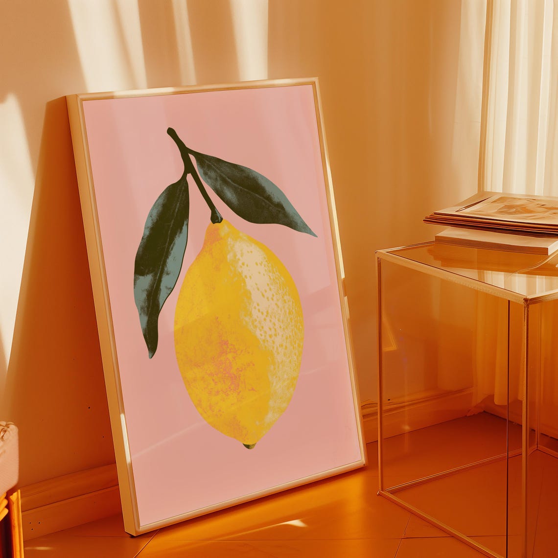 Pop Art Yellow Lemon With Leaves on Pink Background Wall Art - Image 3