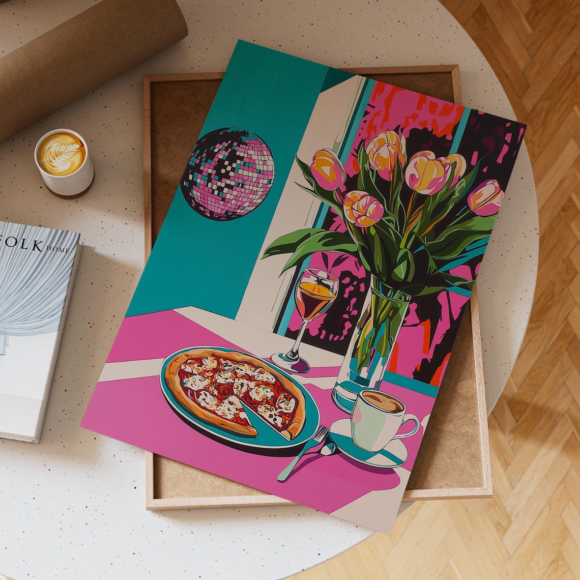Pop Art Still Life With Tulips Pizza Wine And Disco Ball Poster - Image 2