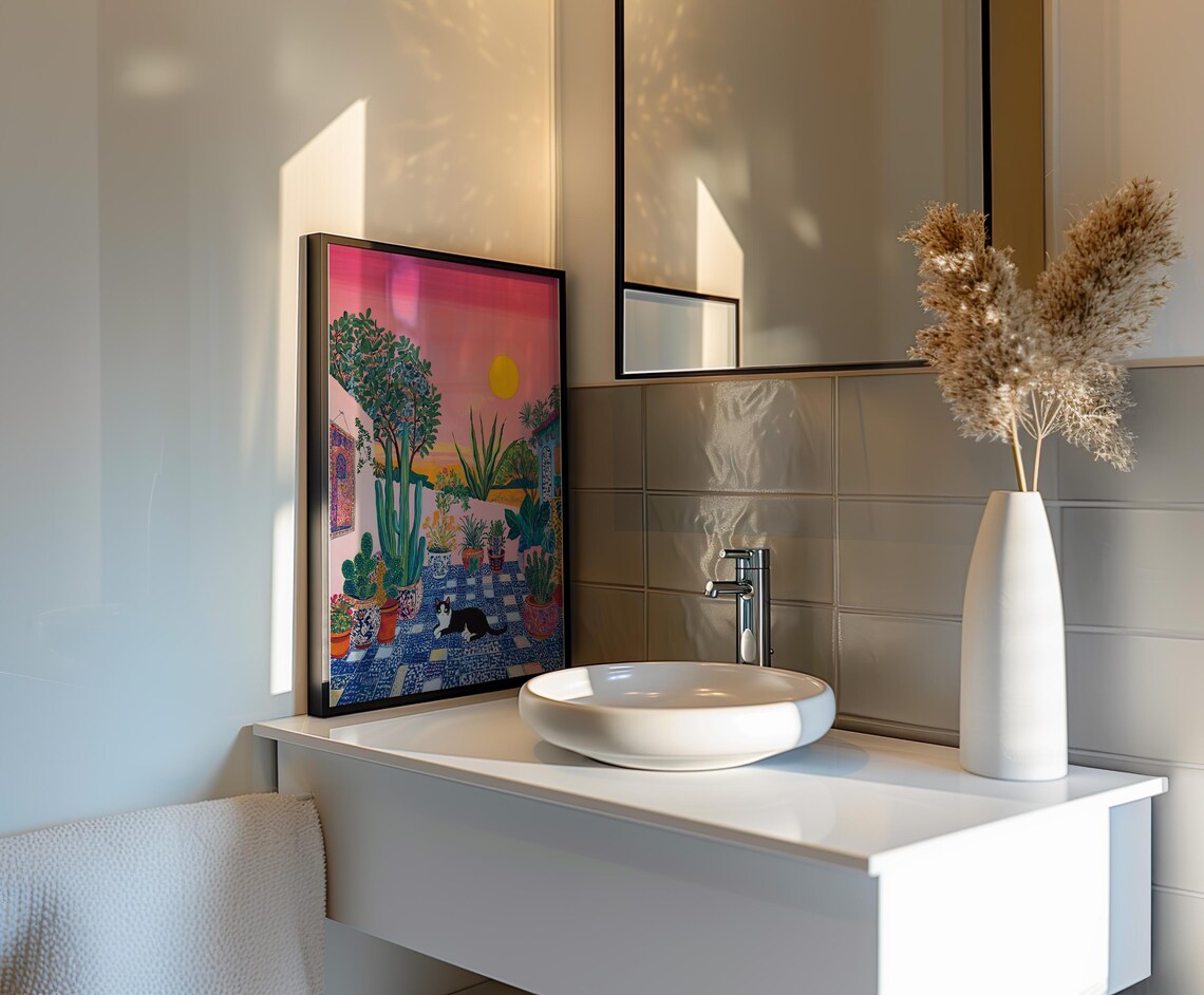 Sunset Moroccan Courtyard With Cat Among Cacti Painting Poster - Image 3