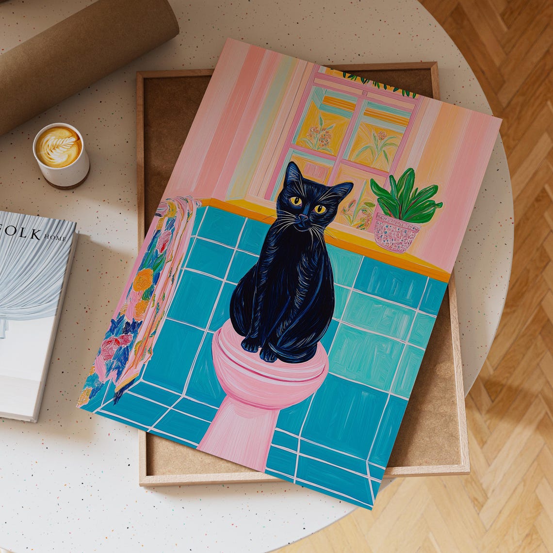 Black Cat on Pink Toilet Seat in a Teal Tiled Bathroom Poster - Image 6