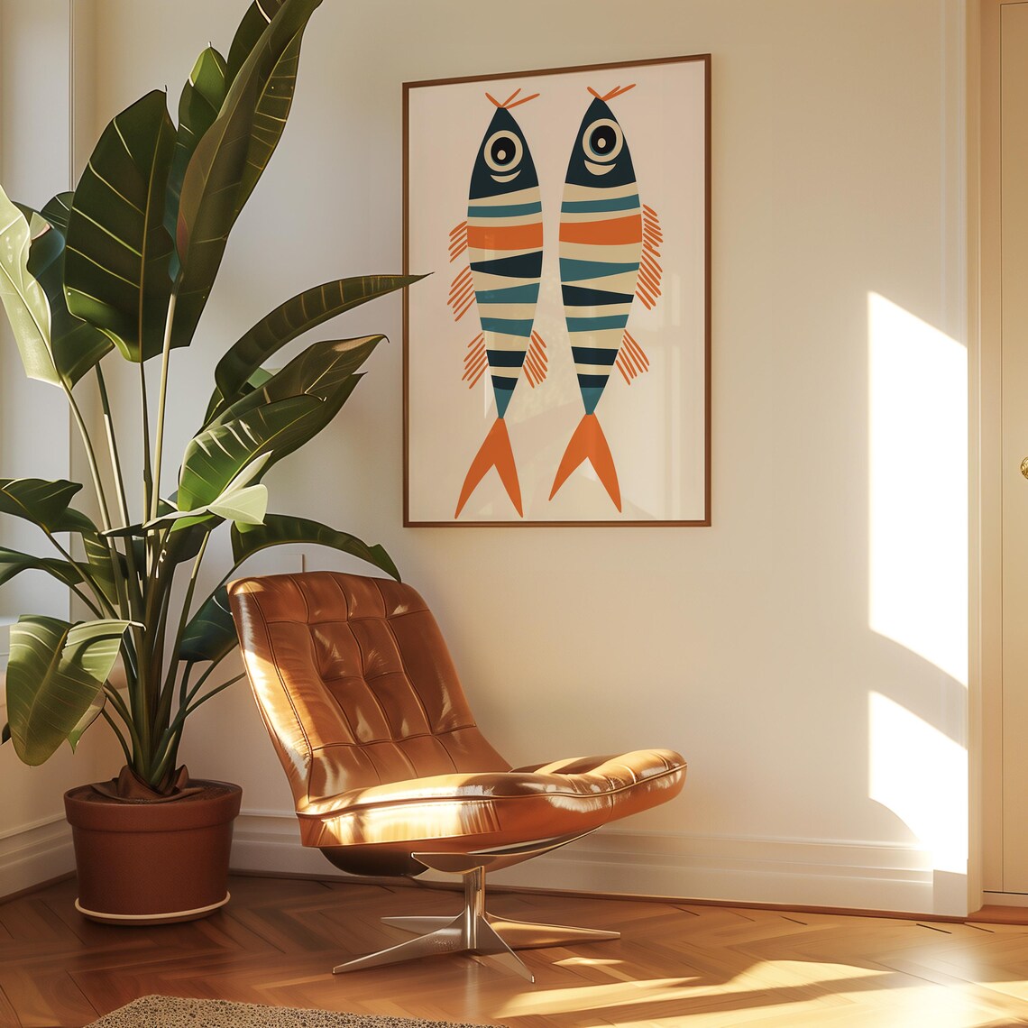Pair Of Striped Fish In Navy Orange And Cream Minimal Wall Poster - Image 2