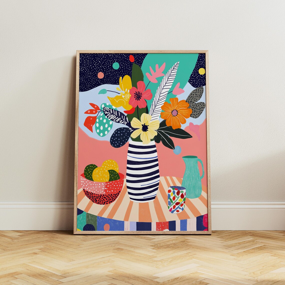 Naive Floral Still Life in Striped Vase With Lemons Wall Art - Image 5
