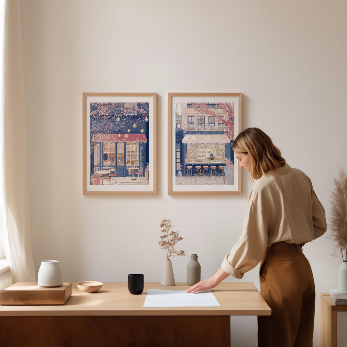 Evening Cafe with Glowing String Lights and Pink Awning Art Poster - Image 2