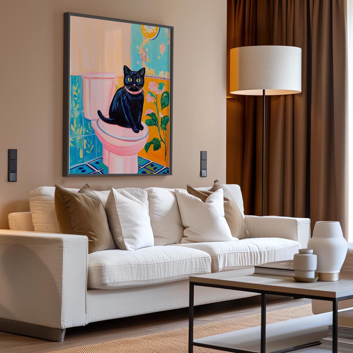 Black Cat With Pink Collar on a Tropical Bathroom Toilet Poster - Image 2