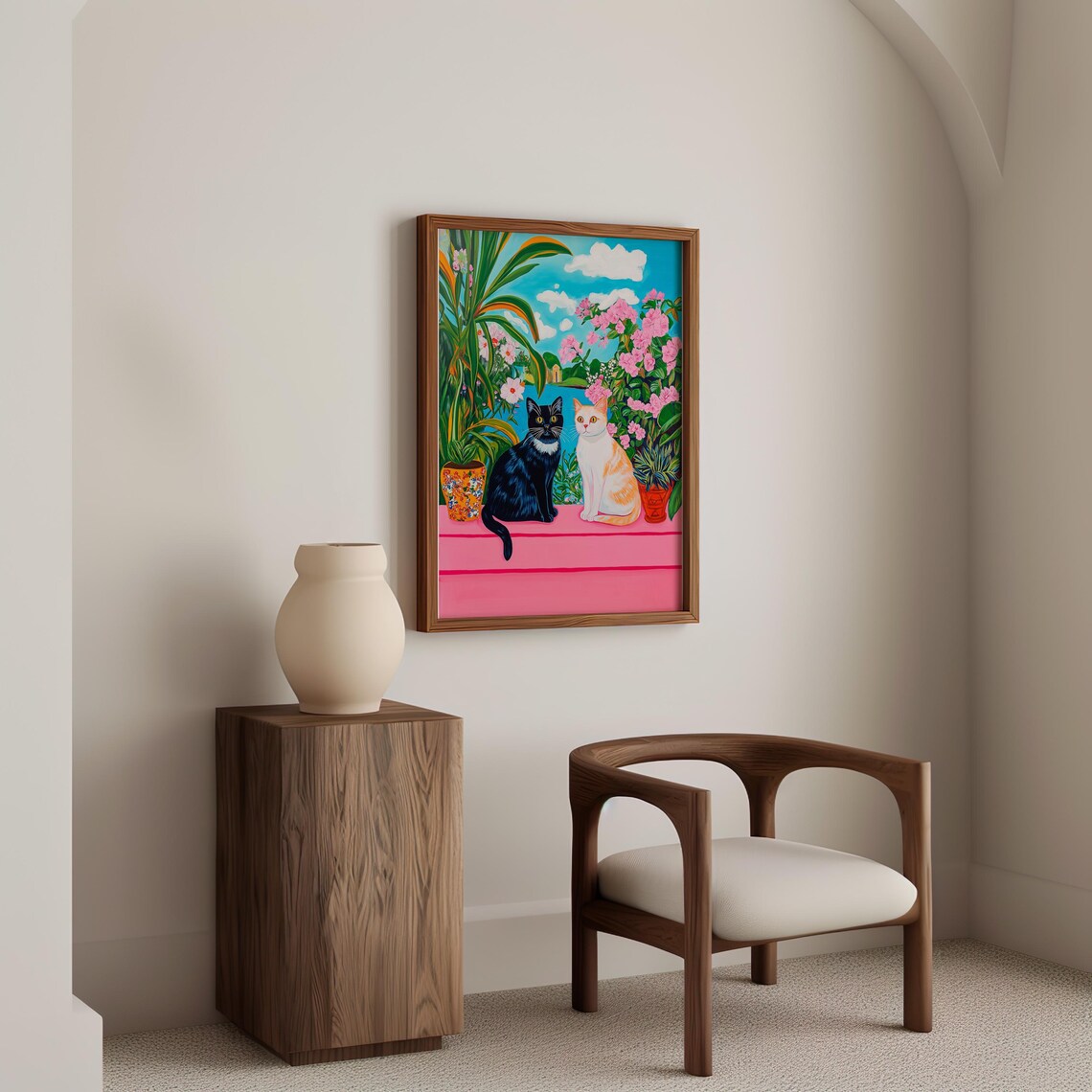 Two Cats Sitting Among Tropical Flowers Overlooking The Sea Poster - Image 6