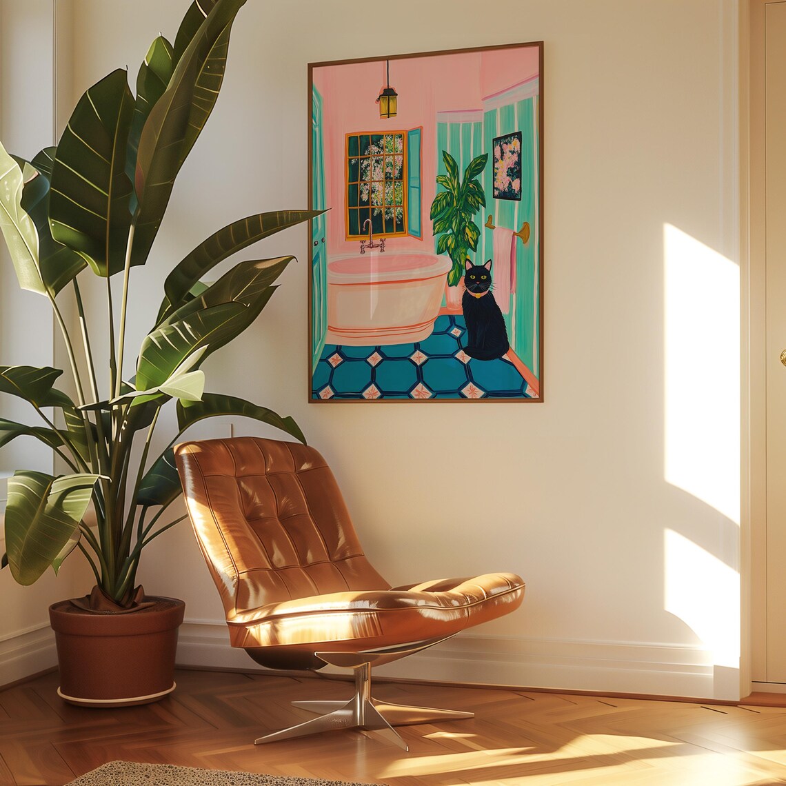 Black Cat In A Pink Bathroom With Bathtub And Green Plants Poster - Image 5