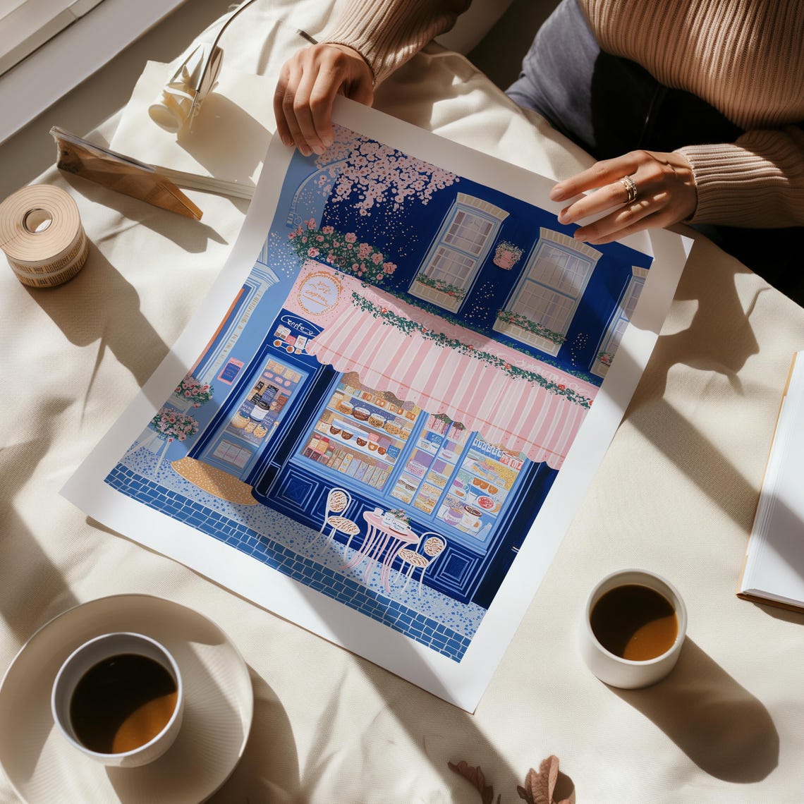 Cozy Cafe Storefront at Night with Cherry Blossoms Art Poster - Image 3