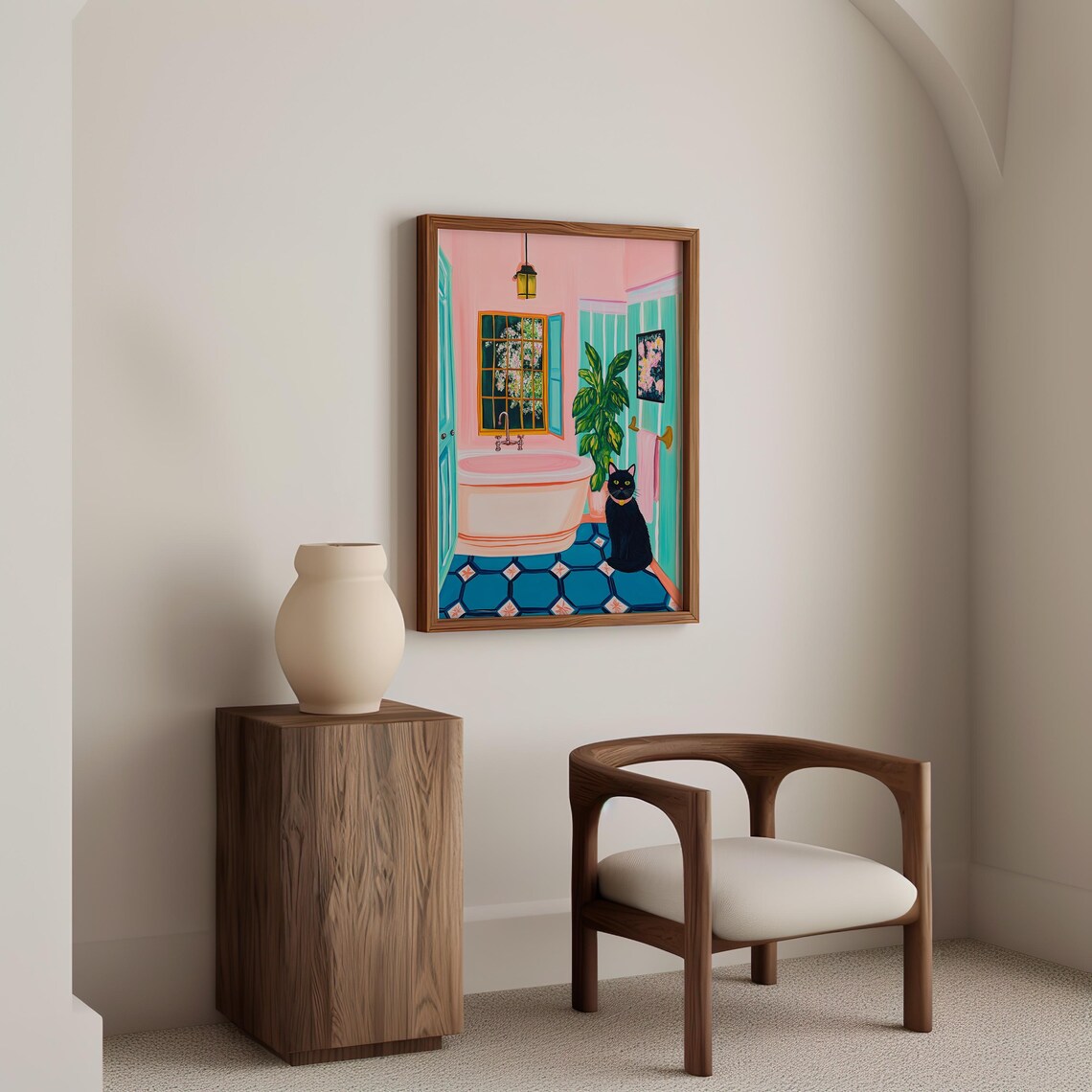Black Cat In A Pink Bathroom With Bathtub And Green Plants Poster - Image 3