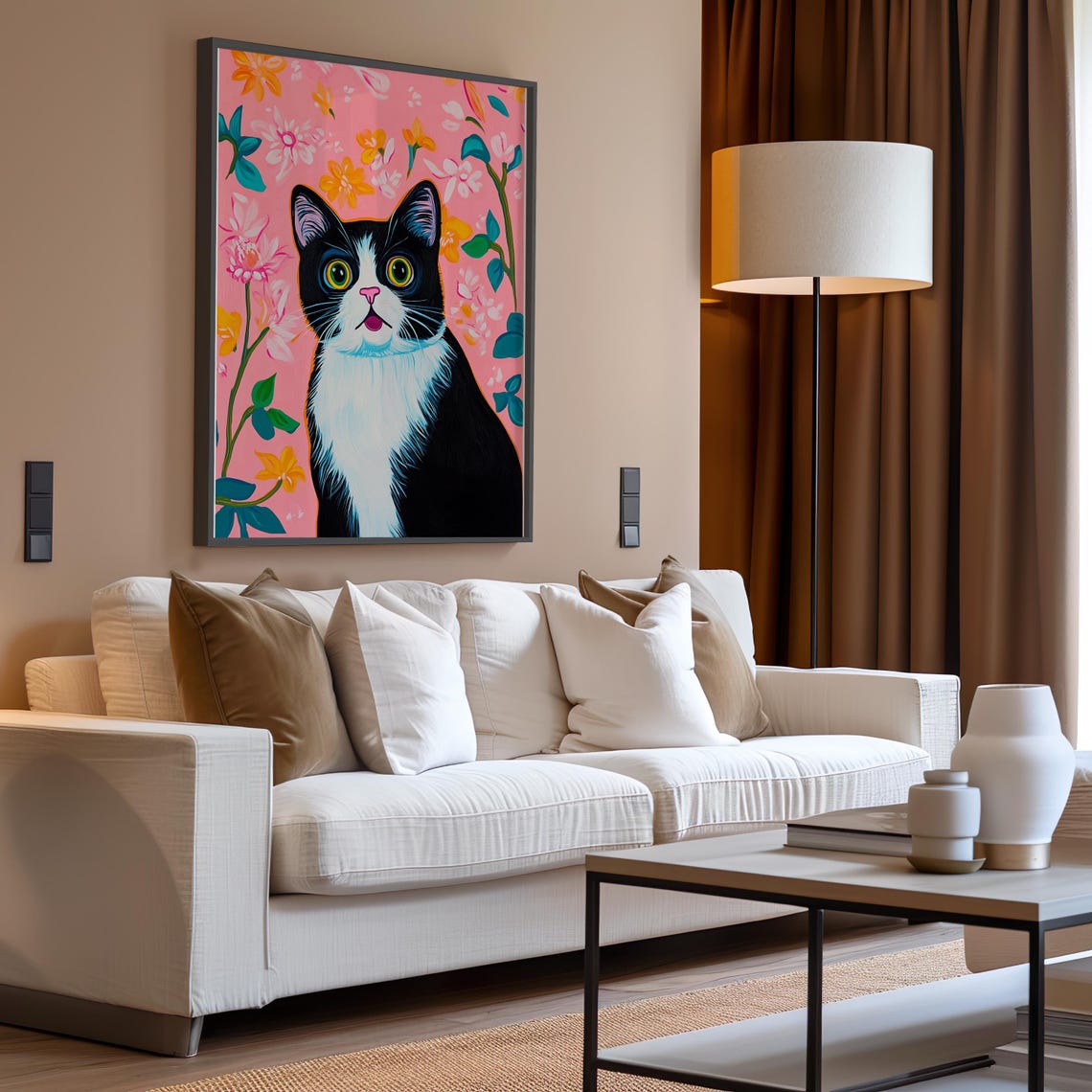 Surprised Black and White Tuxedo Cat Face on Pink Floral Poster - Image 2