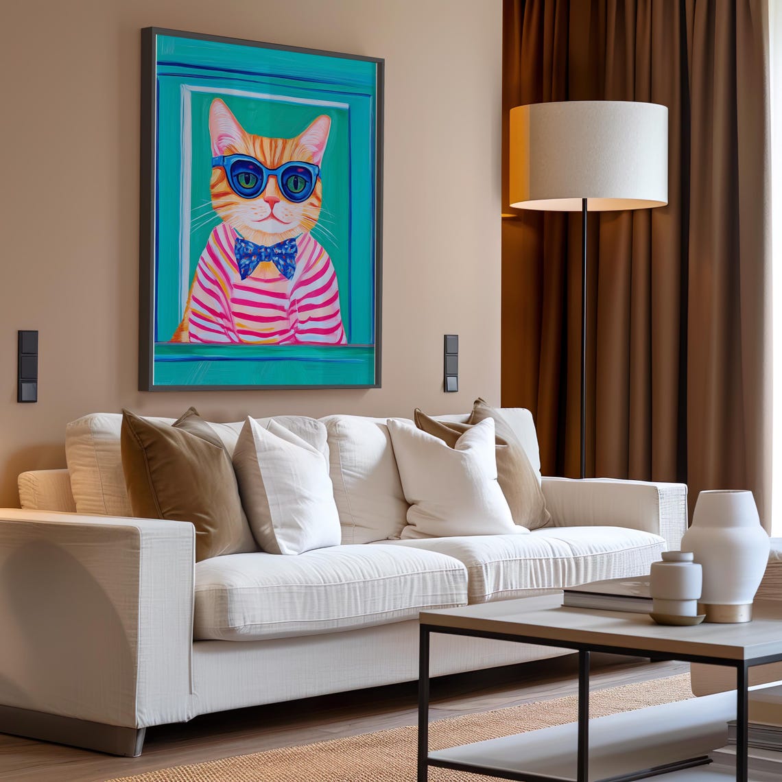Orange Cat In Blue Sunglasses And Striped Shirt Fun Art Poster - Image 2