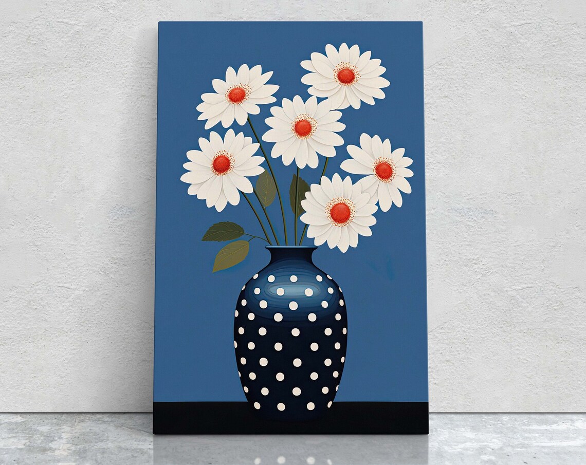 White Daisies Polka Dot Vase Blue Background Modern Floral Art Print