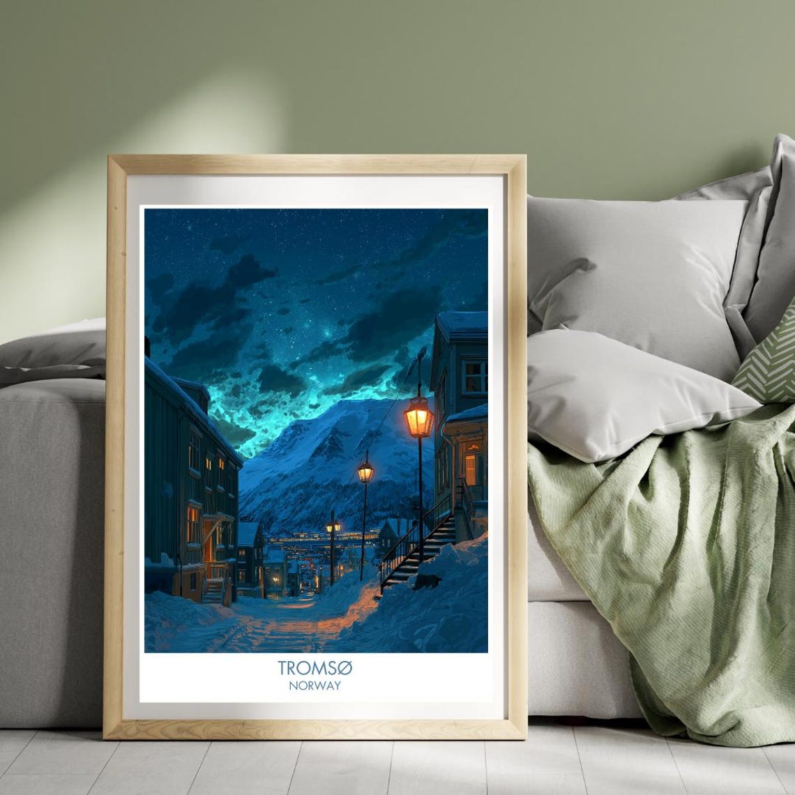 Tromso Norway Snowy Old Street Starry Night Sky Travel Poster