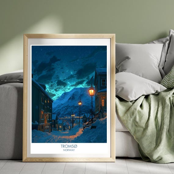 Troms Poster Norway Tromso Print Scandinavia Wall Art Christmas Snow Illustration