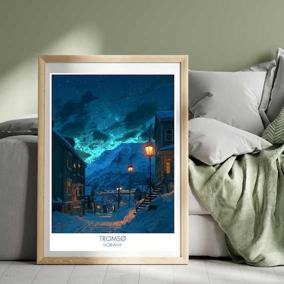 Tromso Norway Snowy Old Street Starry Night Sky Travel Poster