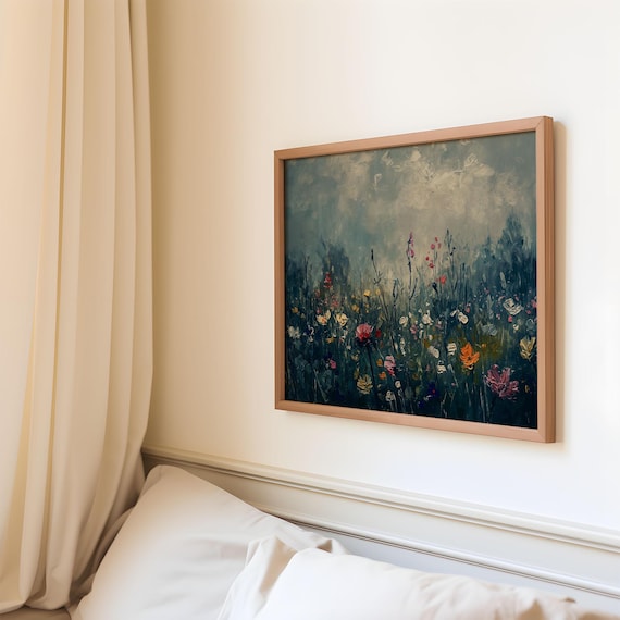 Moody Dark Wildflower Meadow Oil Painting Dramatic Landscape Poster
