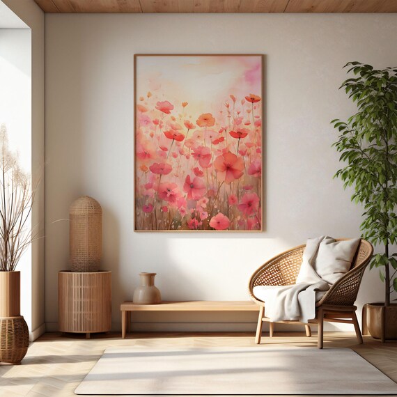 Pink and Coral Poppy Field Watercolor Flowers Dreamy Wall Art