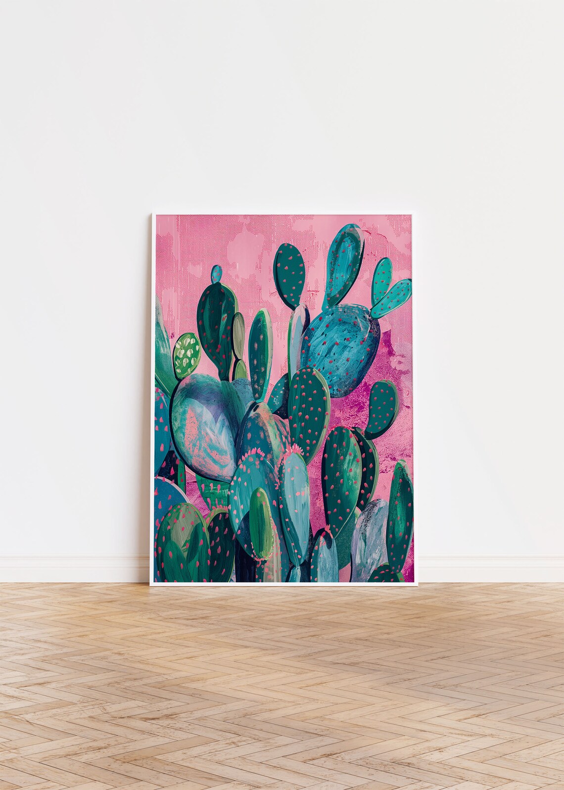 Bold Colorful Prickly Pear Cactus on Bright Pink Modern Wall Art