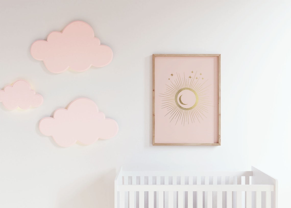 Pink Sun Nursery Wall Art Moon Star Baby Girl Nursery Wall Decor Gold And Pink Wall Art Girls Bedroom Poster Gold Moon Decor 150