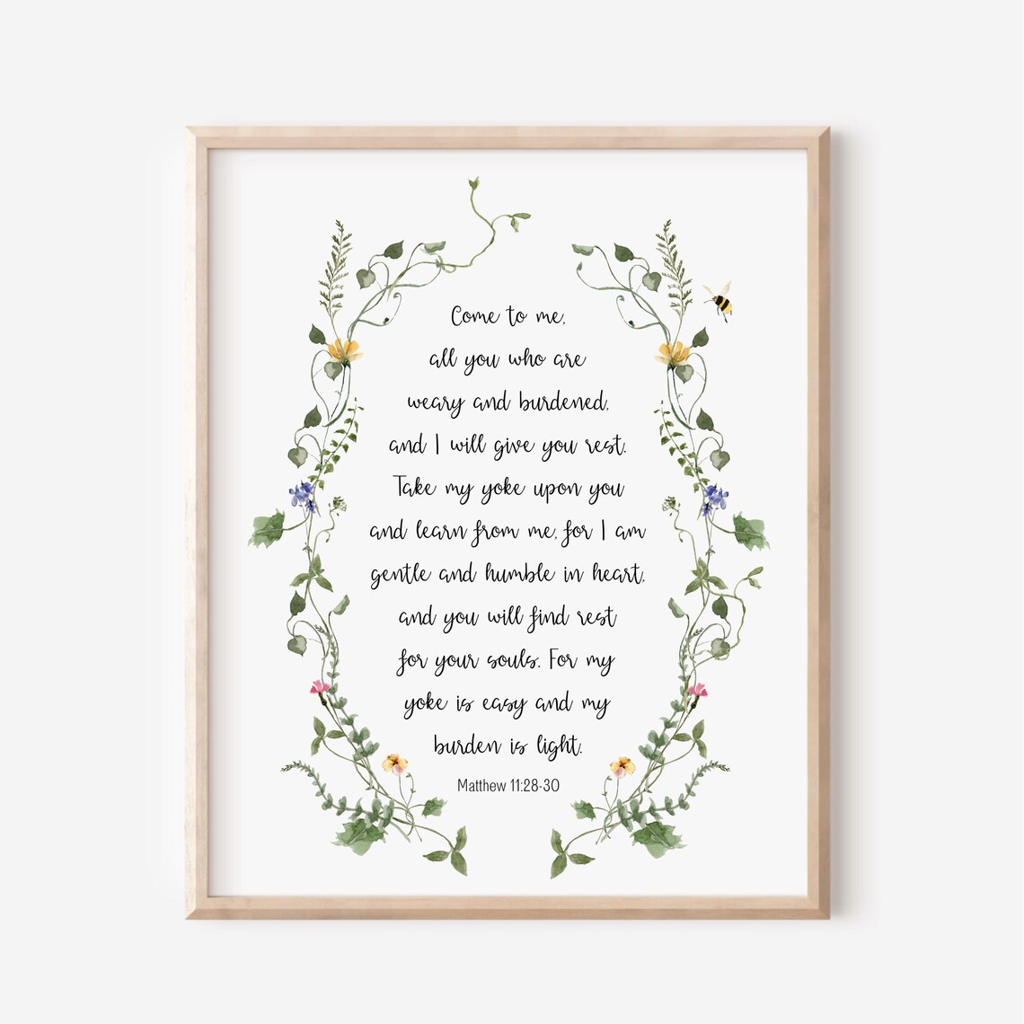 Matthew 11 28-30 Come to Me Bible Verse Floral Watercolor Poster