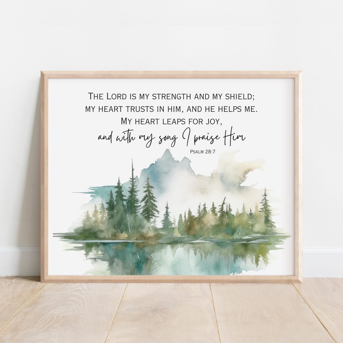 Psalm 28 Verse Scripture Strength Shield Mountain Lake Praise Poster