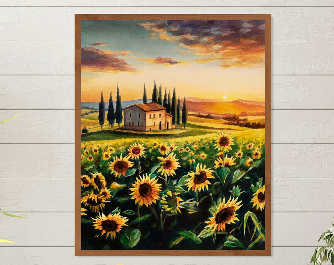 Tuscan Farmhouse at Sunset Over a Sunflower Field with Cypress Poster - Image 3