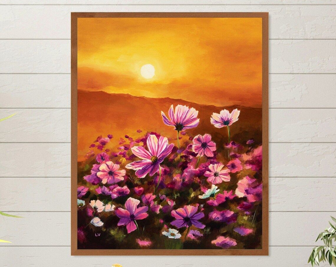 Cosmos Field Golden Sunset Pink Wildflower Meadow Oil Painting Poster - Image 5