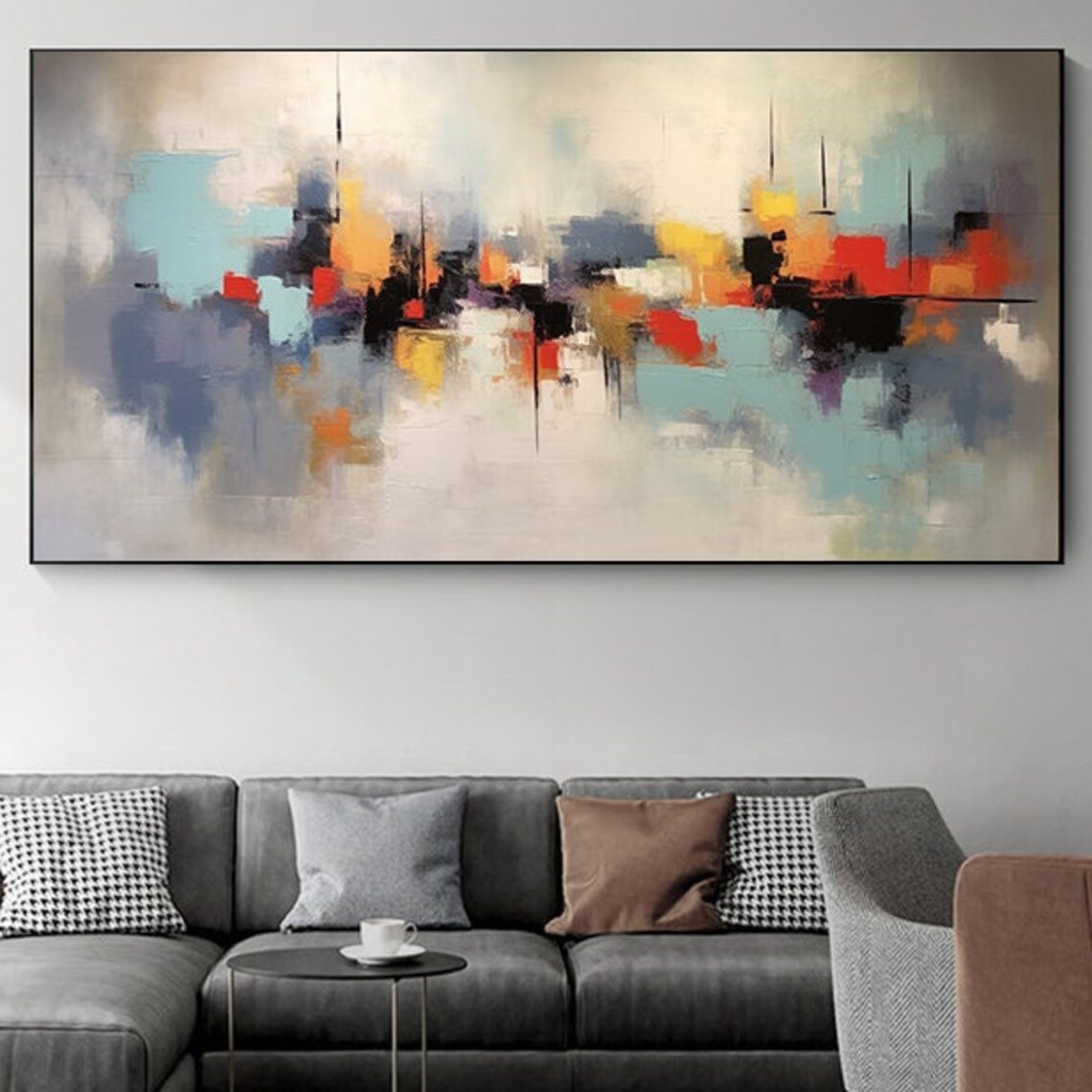 Color Block Red Teal Orange Wide Modern Abstract City Poster