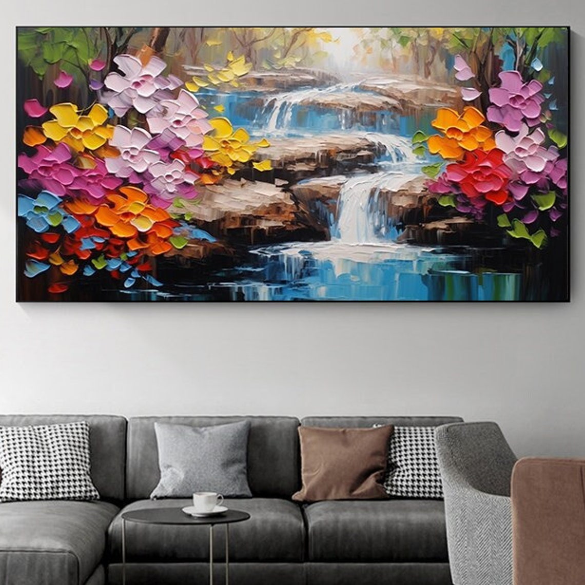 Rainbow Floral Waterfall Cascade Impasto Landscape Living Room Poster