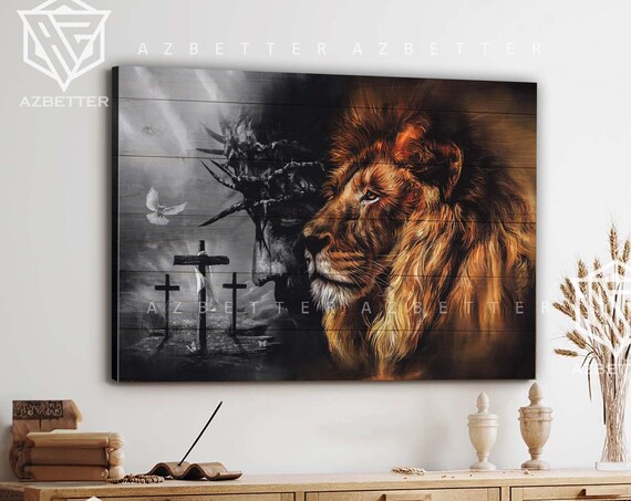 Lion Of Judah Jesus Crown Of Thorns Three Crosses Faith Poster