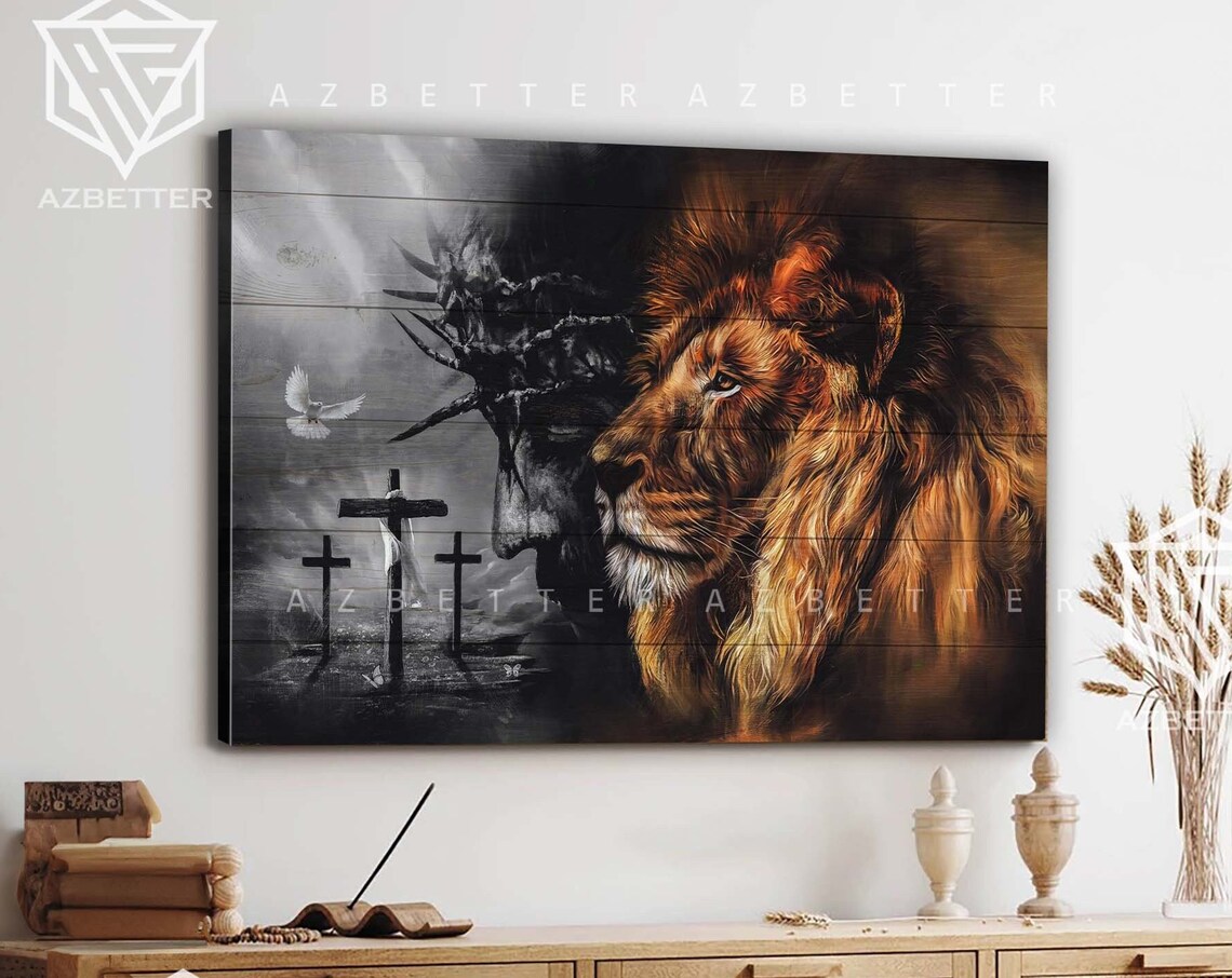 Lion Of Judah Jesus Crown Of Thorns Three Crosses Faith Poster