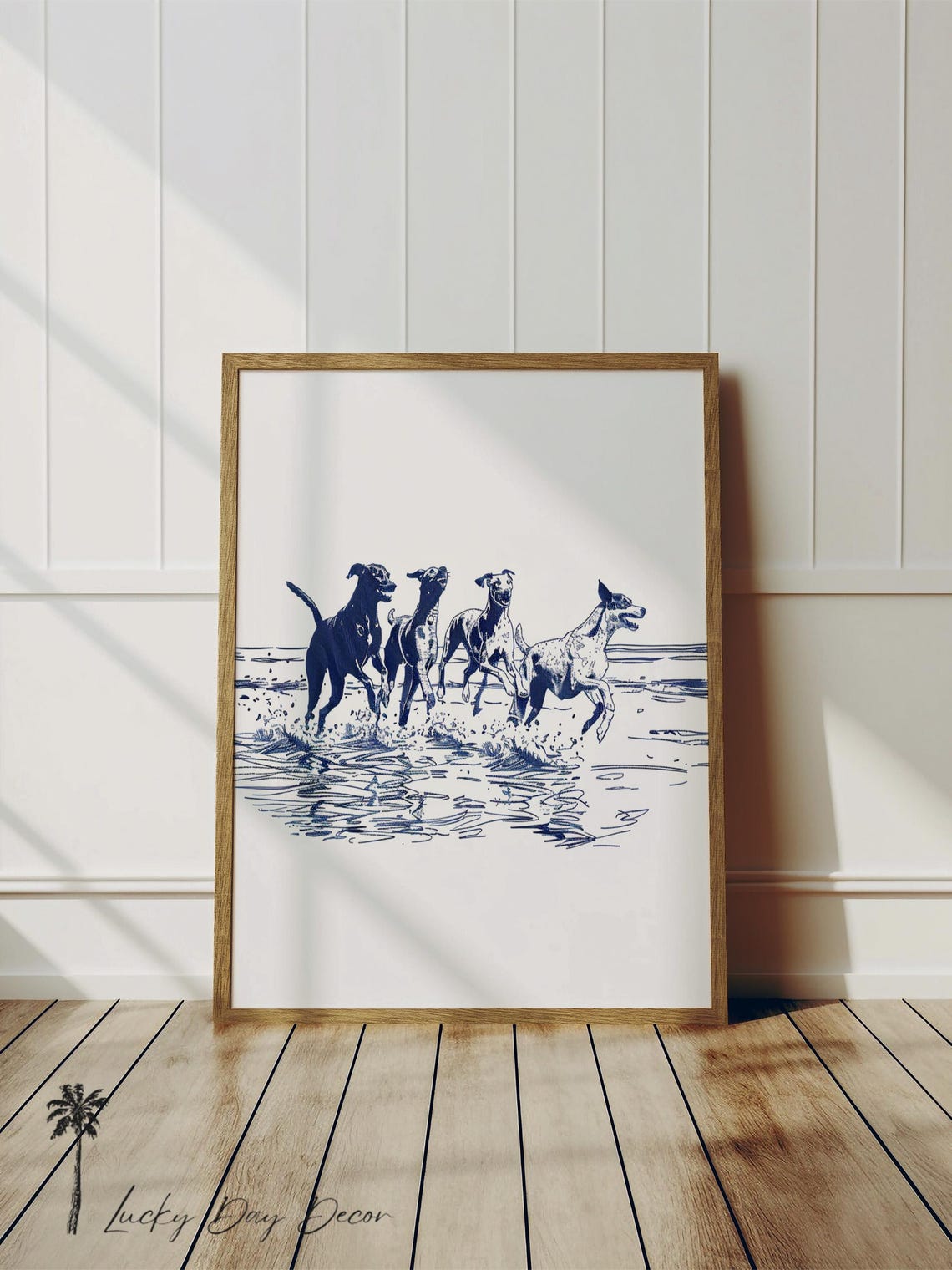 Greyhounds Running On Beach Blue Ink Sketch Coastal Scene Poster