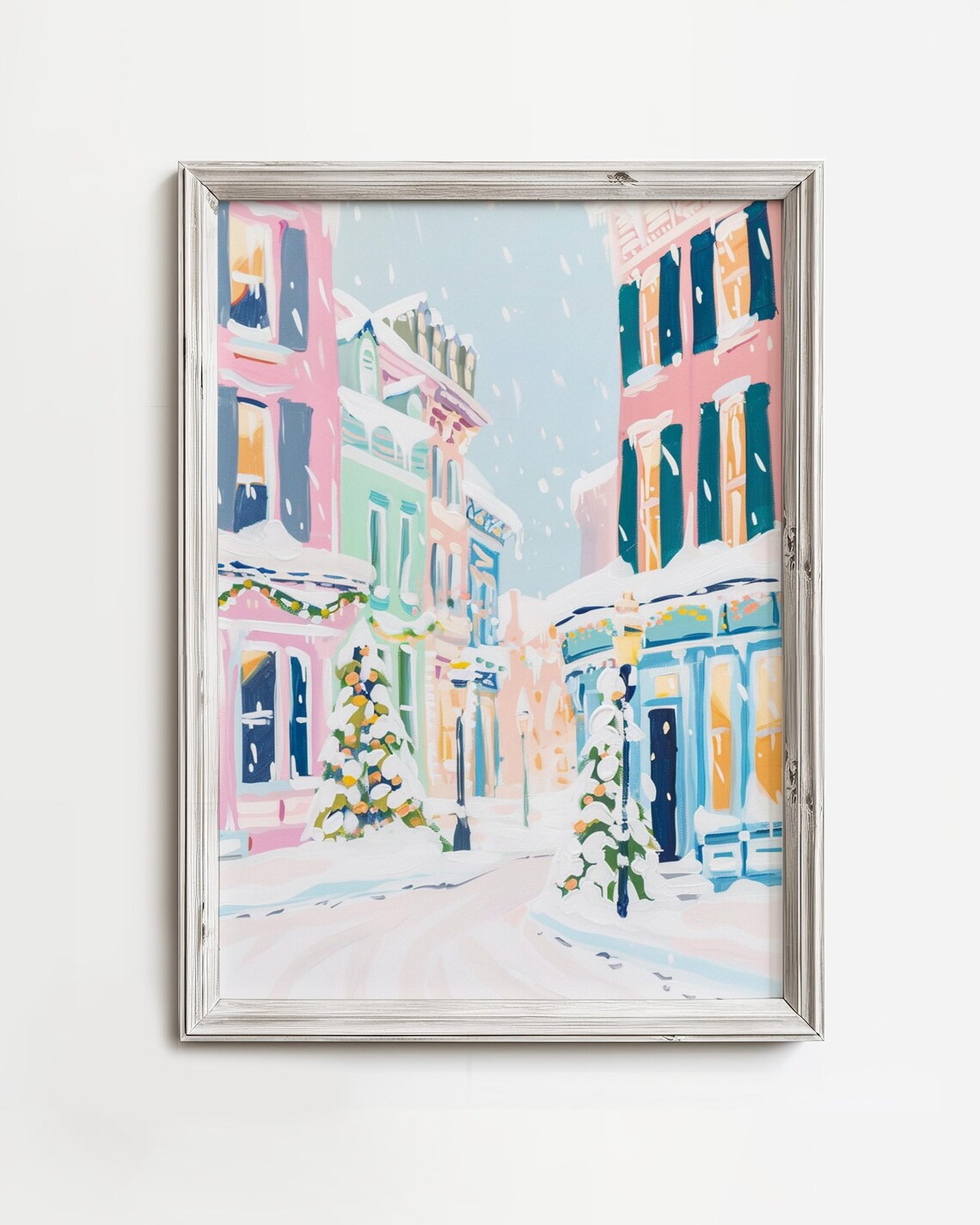 Pink Christmas Downtown Snowstorm Street Holiday Village Poster