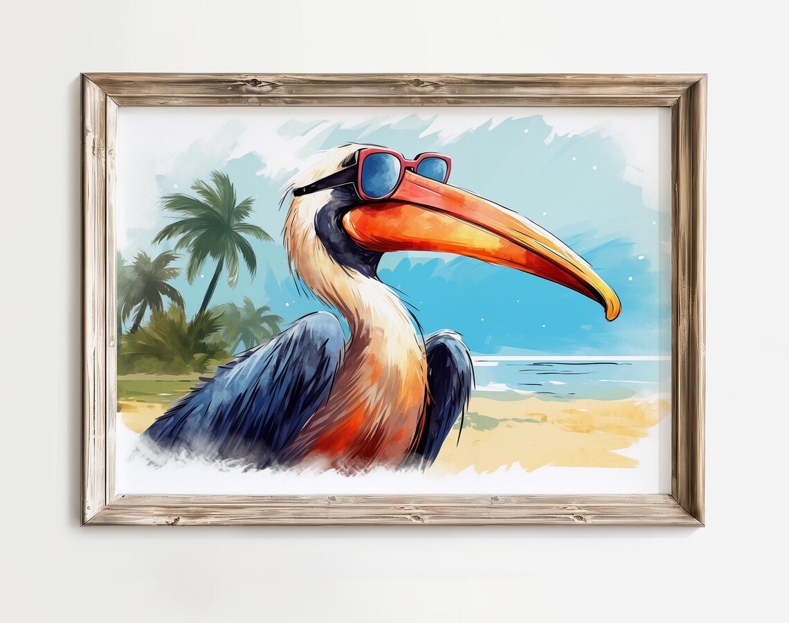 Whimsical Pelican Wearing Sunglasses, Coastal Art Print
