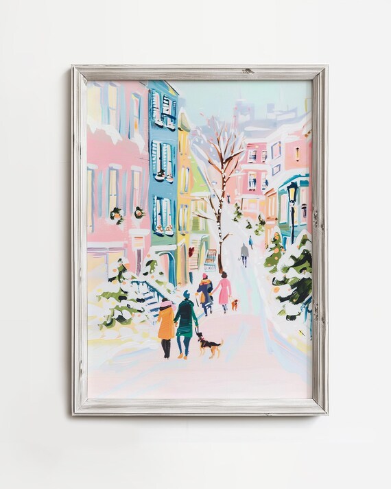 Winters Day Walk Pastel City On A Snowy Vintage Scenic Painting Pink Holiday Cityscape Colorful December Art