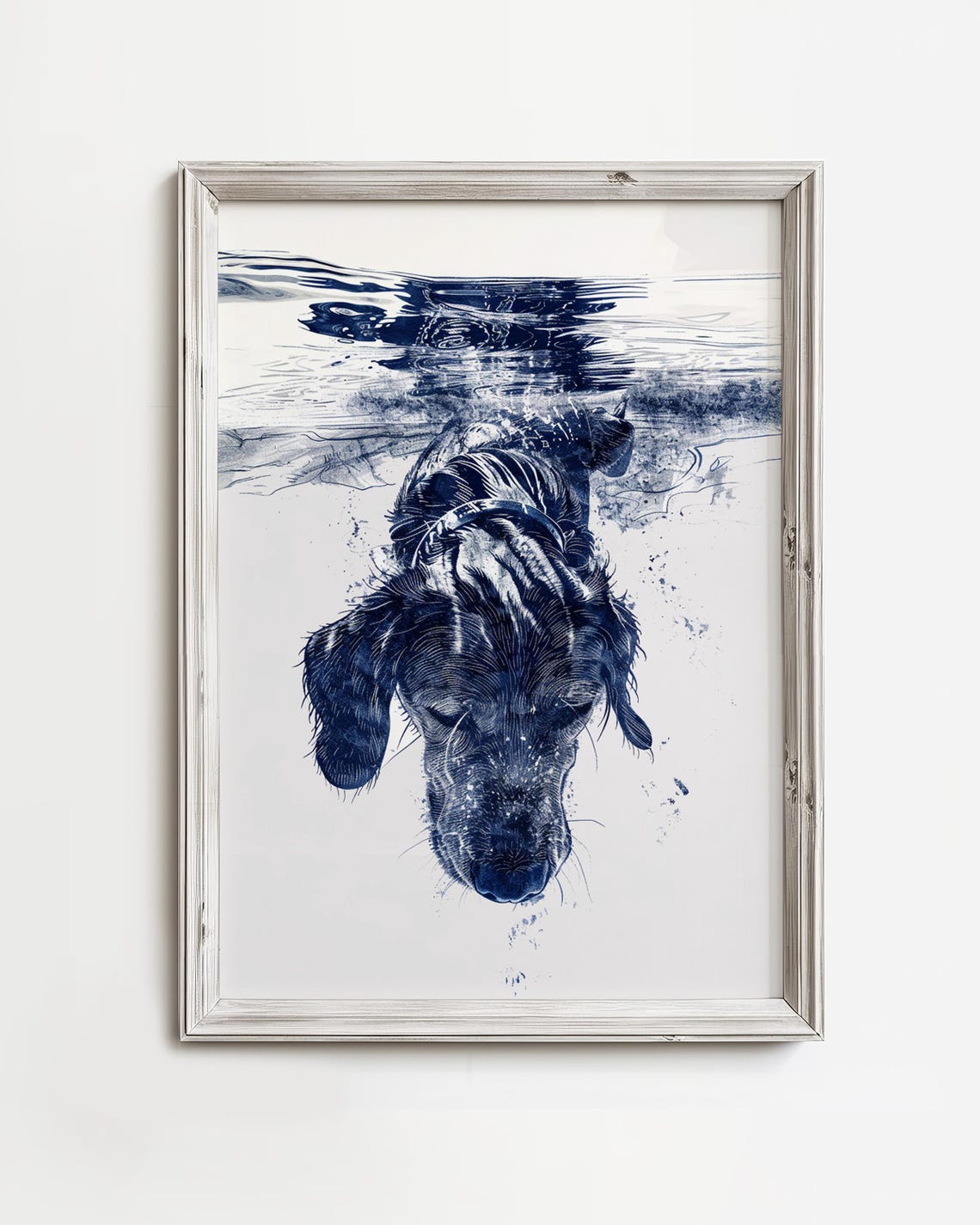 Dog Diving Underwater from Above Blue Ink Illustration Poster