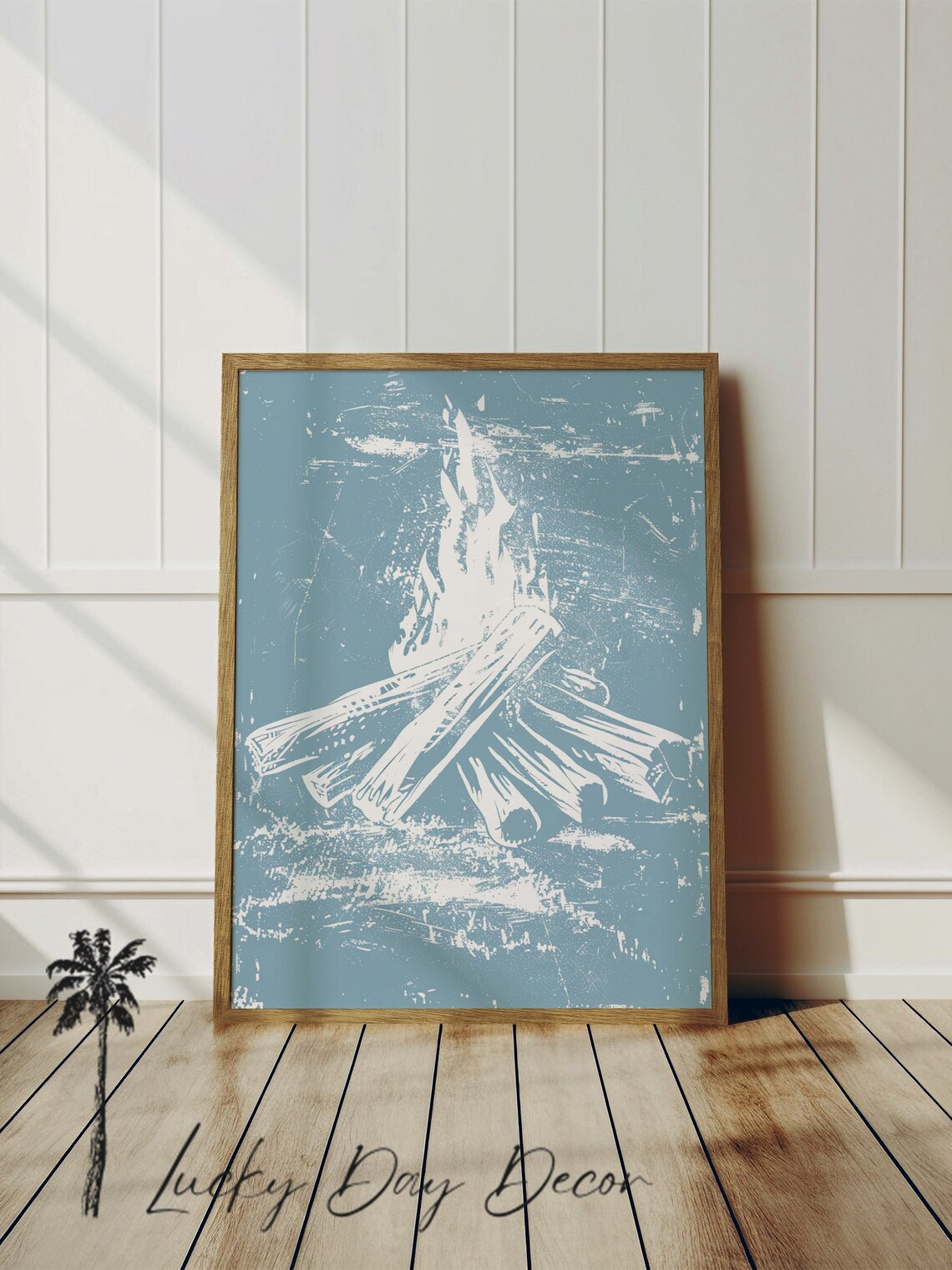 Beach Campfire White Sketch Turquoise Coastal Bonfire Night Art Poster