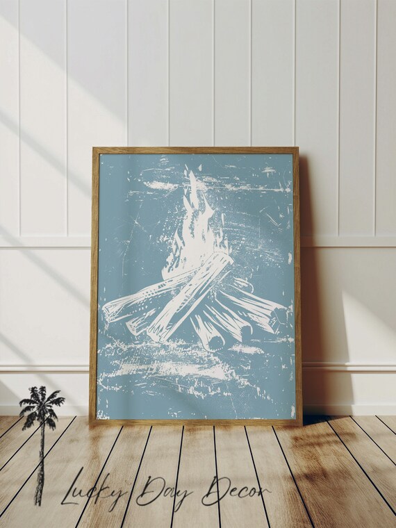 Beach Campfire White Sketch Turquoise Coastal Bonfire Night Art Poster