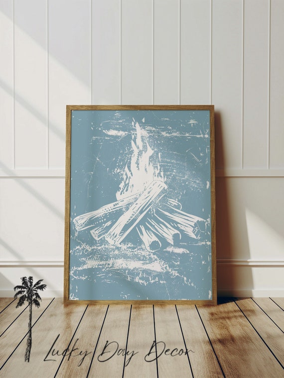 Calming Campfire Relaxing Beach Art Coastal Bed Bath Room Soft Turquoise Fun Imagery Fire Ocean